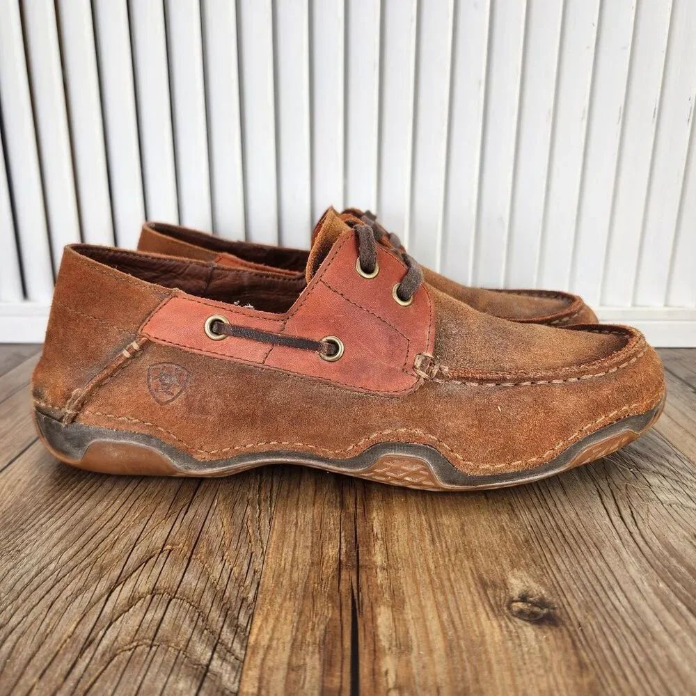 Ariat Caldwell Boat Shoes Mens 9 EE Wide Brown Suede Western Moc Toe Deck Shoes